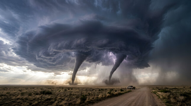 Powerful Twin Tornadoes Over Plains With Lightning Strikes And Distant Truck