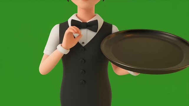3D animated waitress waving with empty tray on green screen.