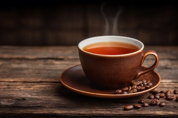 Obraz premium Steaming cup of coffee on saucer.