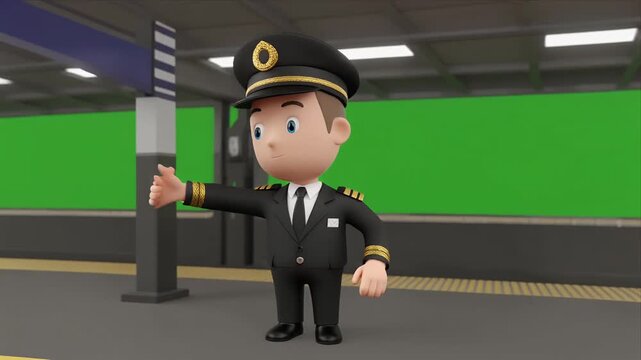 Cute 3D subway conductor checks watch on platform greenscreen.