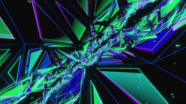 High-energy geometric shard portal with glowing edges for high-tech club visuals,  electronic music festivals, stage screens and for LED video walls