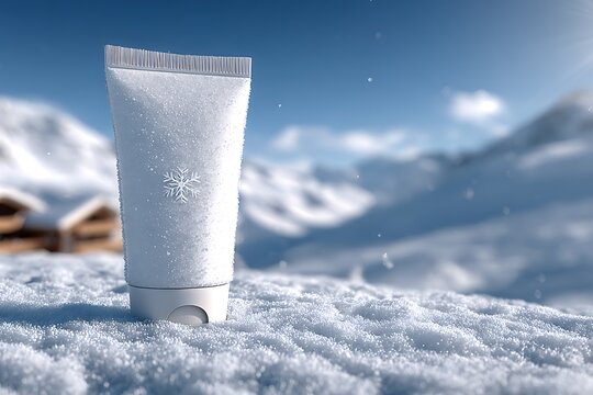 Sunscreen Tube on Snowy Mountain Landscape.