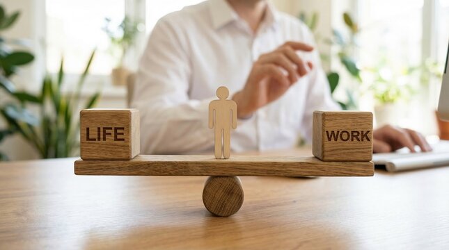Life work balance wooden seesaw with human figure on desk in office setting expressing calm focus