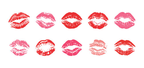 Realistic lipstick kiss marks collection with textured print details in pink and red shades for romantic cards