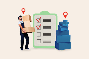 Composite trendy magazine photo collage of serious courier man carry box parcel geolocation icon...