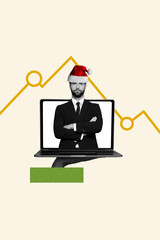 Template poster trend artwork 3D photo collage of hand hold laptop young businessman santa hat xmas...