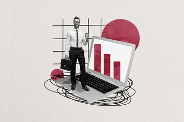 Full 3d art image trendy collage of happy businessman stand laptop chart statistics development...