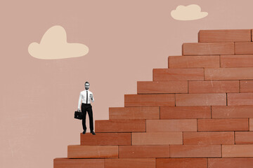 Trendy poster banner 3d collage photo of happy businessman stand career ladder progress statistics...