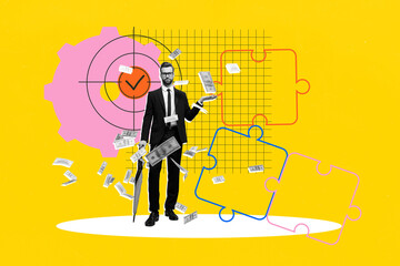 Full 3d art trend collage of serious businessman stand dollar banknotes income millionaire...