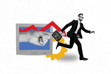 Banner 3d artwork pop image collage of serious businessman hand point out dismissal gearwheel arrow...