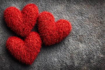 Fototapeta premium Three red fuzzy heart shapes together.