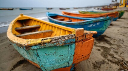 Obraz premium Colorful Boats Along Shoreline: A captivating scene featuring vibrant, weathered boats gently resting on a sandy beach, inviting viewers to explore the calm waters.
