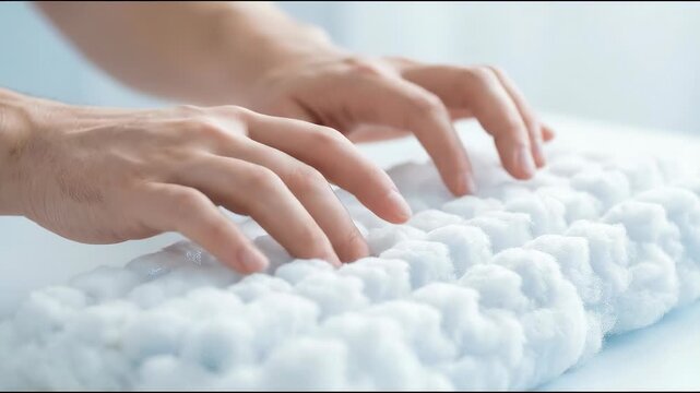 Hands typing on soft bubble style keyboard with round silicone keys. Concept of creative technology and modern ergonomic typing device.