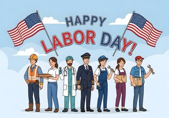 A diverse group of workers celebrating Labor Day with American flags