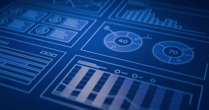 Slowly appearing of line graphs with falling and rising сurves, pie charts, bar charts with depth of field effect. Background illustrating annual reports, analysis, financial data, market flu.