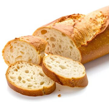 Fresh baked baguette sliced on white background healthy bread food closeup