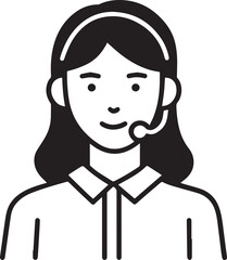 Hand Drawn Female Customer Service Agent Black and White Avatar Illustration in Minimal Line Art Style Design