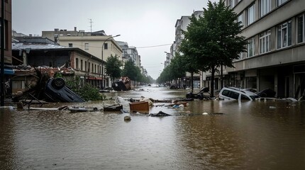 Fototapeta premium Flooded urban street with submerged vehicles and debris