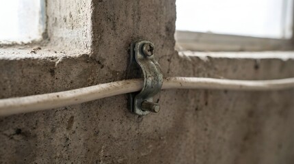 A close-up view of a metal cable clamp holding a white electrical cable on a concrete wall near a window.
