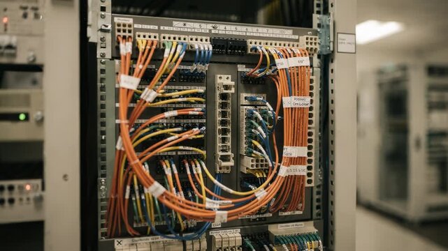 Central office switching room blending old and new tech detailed focus on integrated fiber and copper patch panels with soft bokeh effects on peripheral equipment.