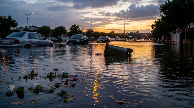 Flooded urban street at sunset with submerged cars and debris