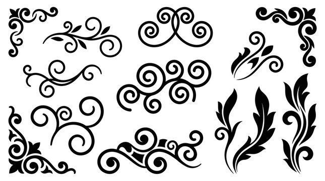 Elegant black swirl and scroll decorative design elements set on a white background.