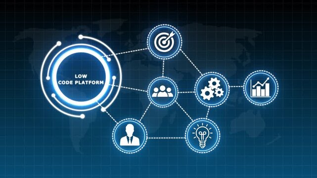 LOW CODE PLATFORM Business Strategy Concept with Global Network and Icons, business Concept Network Diagram with Icons on World Map Background,Business, Technology, Internet and network concept .4k