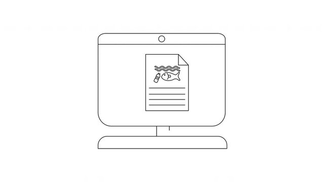 Computer Screen Displaying Document with Fish Illustration Animation.