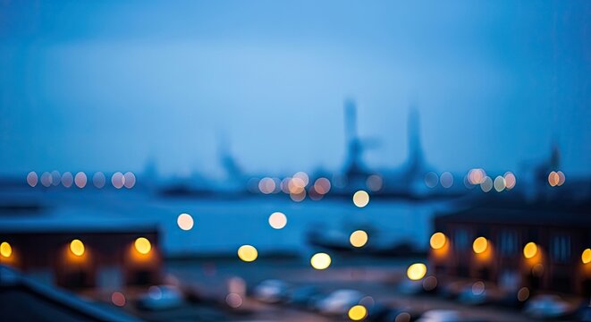 Blurred cityscape at dusk with lights.
