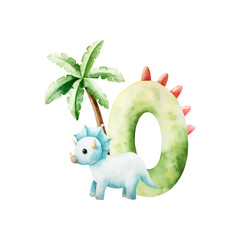 Cute dinosaur number zero with triceratops and palm. Watercolor hand drawn prehistoric Spinosaurus, Brachiosaurus animal. Isolated illustration on transparent background. Perfect for for nursery and © Natalia