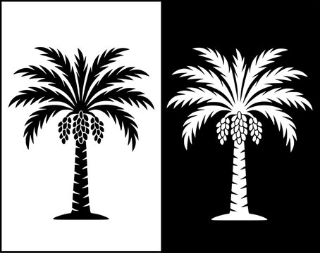Date palm tree icon set, black and white with original and negative design, transparent PNG