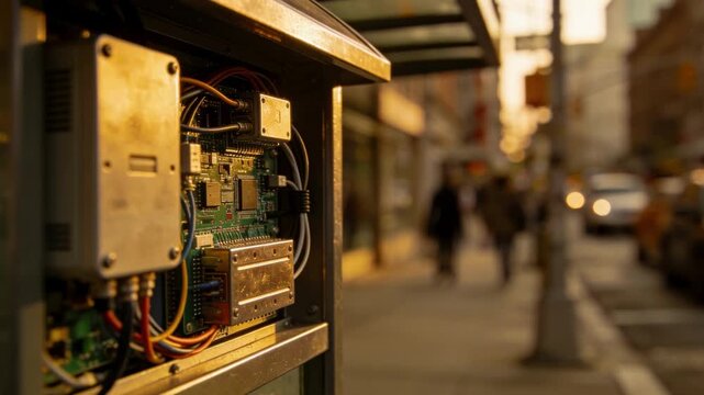 Closeup of an urban side street edge data hub micro shelter emphasizing the devices intricate design and connectivity gear with the bustling street softly out of focus.