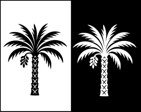 Date palm tree icon set, black and white with original and negative design