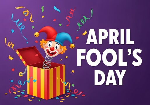 A colorful illustration of a clown popping out of a box on April Fool's Day