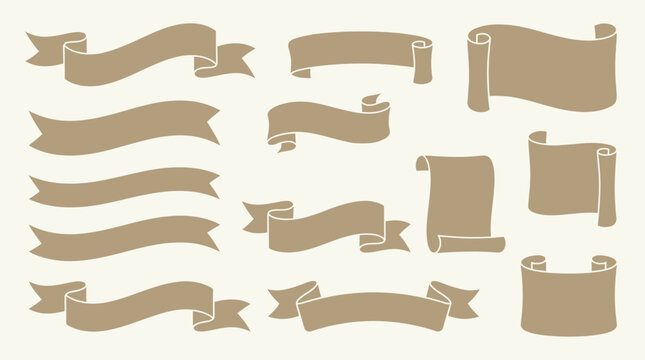 A collection of vintage brown banners and scrolls in various shapes and sizes, resembling old parchment or paper for design elements.