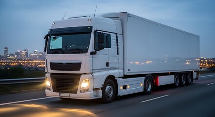 Fototapeta premium White semi-truck driving on highway at dusk with city skyline in background
