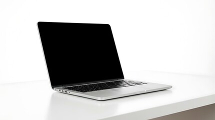 Silver laptop with black screen placed on a white surface against a plain background