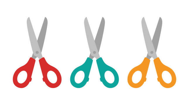 Three colorful pairs of craft scissors with red, teal, and orange handles on a white background.