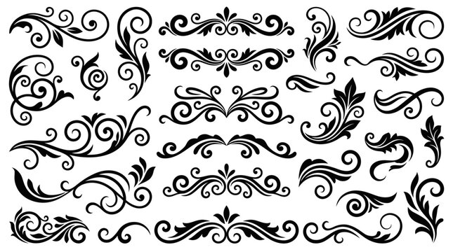 A collection of elegant black vintage scroll and swirl decorative design elements and flourishes on a white background, perfect for borders and accents.
