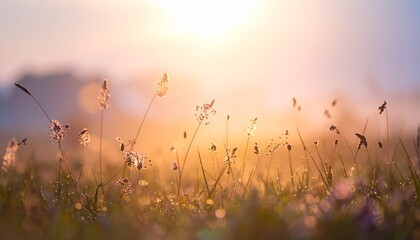 Fototapeta premium Golden sunrise meadow with wild grass and flowers soft bokeh background