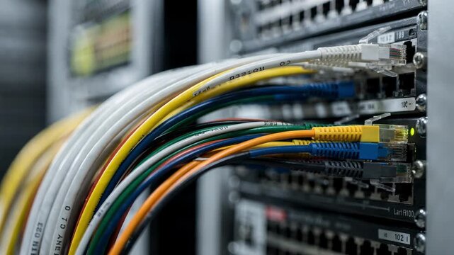 Closeup on hot aisle network rack cabling with tight colorcoded cables in crisp detail and background racks and cables fading into a soft blur.