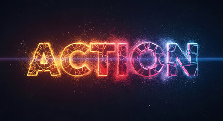 Vibrant Action Text with Neon Colors and Particle Effects on Dark Background