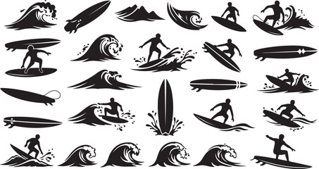 Obraz premium Surfing Silhouettes and Waves in Black and White Vector