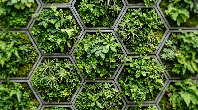 Hexagonal green wall with diverse leafy plants arranged in a geometric pattern