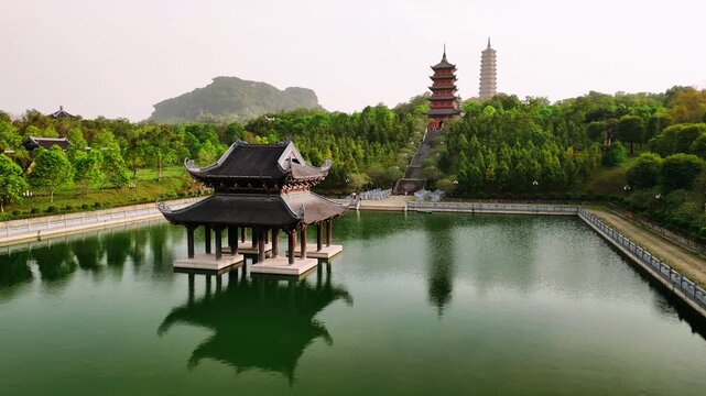 Aerial view of Bai dinh pagoda complex and stupa on the hill in ninh binh, vietnam