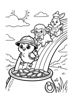 St. Patrick's Day Coloring Page for Kids: Cute Chick, Lamb, and Bunny Slide Down a Rainbow to a Pot of Gold. Fun Printable Holiday Activity Sheet.
