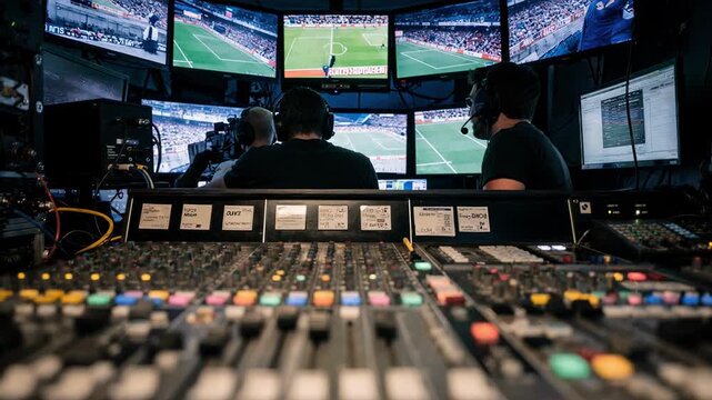 Broadcast truck interior showcasing a video switcher in sharp focus with softly blurred assistants and intercom panels managing a highenergy sports event.