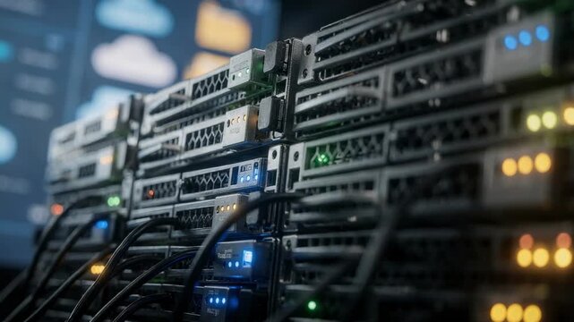 Detailed focus on physically clustered media storage drives with activity lights faint background of hybrid cloud dashboards and file transfer terminals suggesting high