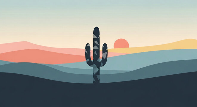 Desert landscape with cactus silhouette at sunset colorful sky and mountain range in background serene natural scenery