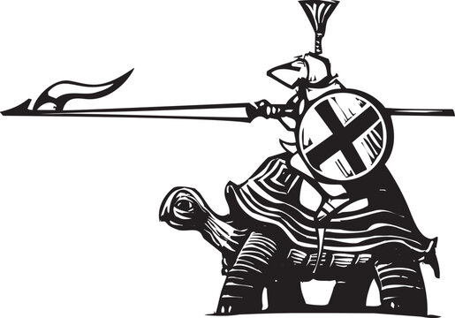 Woodcut style image of a knight in armor riding on the back of a turtle.